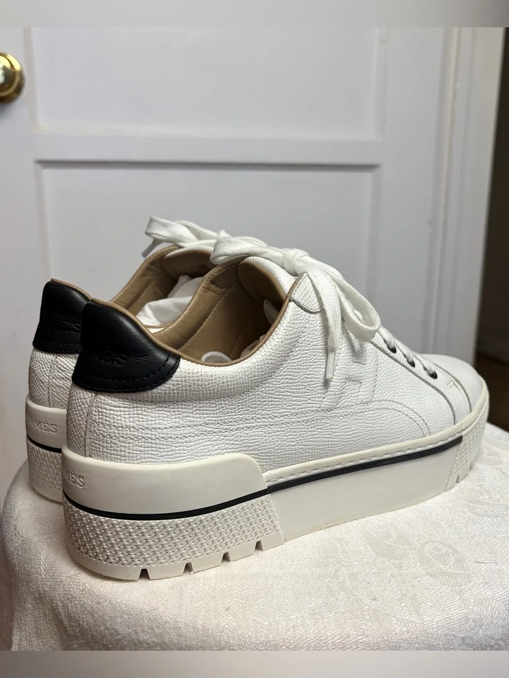 Hermes Voltage Leather Platform H sneakers, wht/blk, H embossed sole, 36(larger)